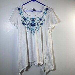 Womens Terre Bleue Floral Embroidered Asymmetrical‎ Top Lagenlook M White Cotton